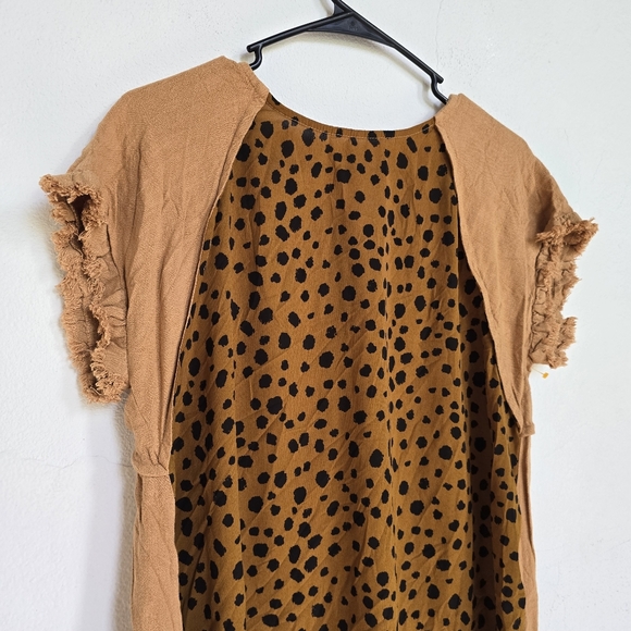 Umgee Brown Black Dalmatian Animal Print Frayed Hem Blouse Top Size Small - Picture 4 of 8